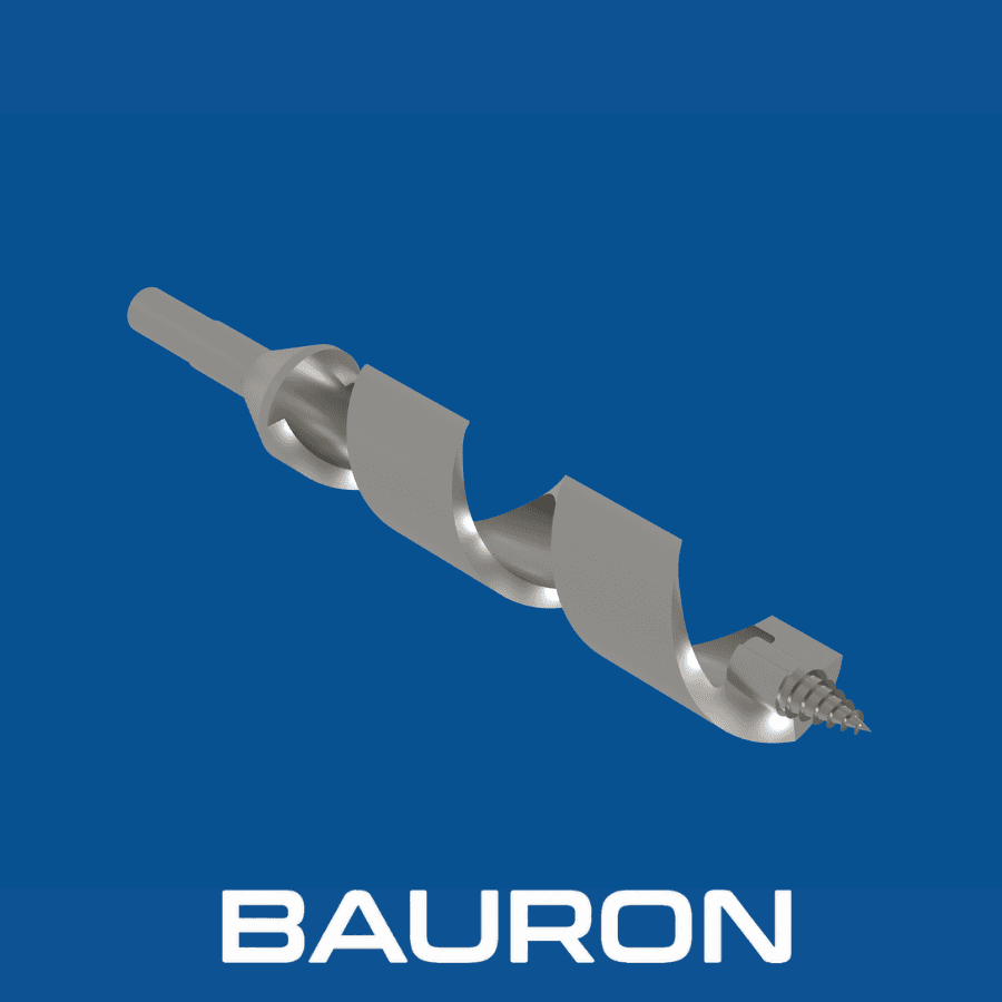 Bauron auger drill bit shown at an angle with threaded screw point and hexagonal shank