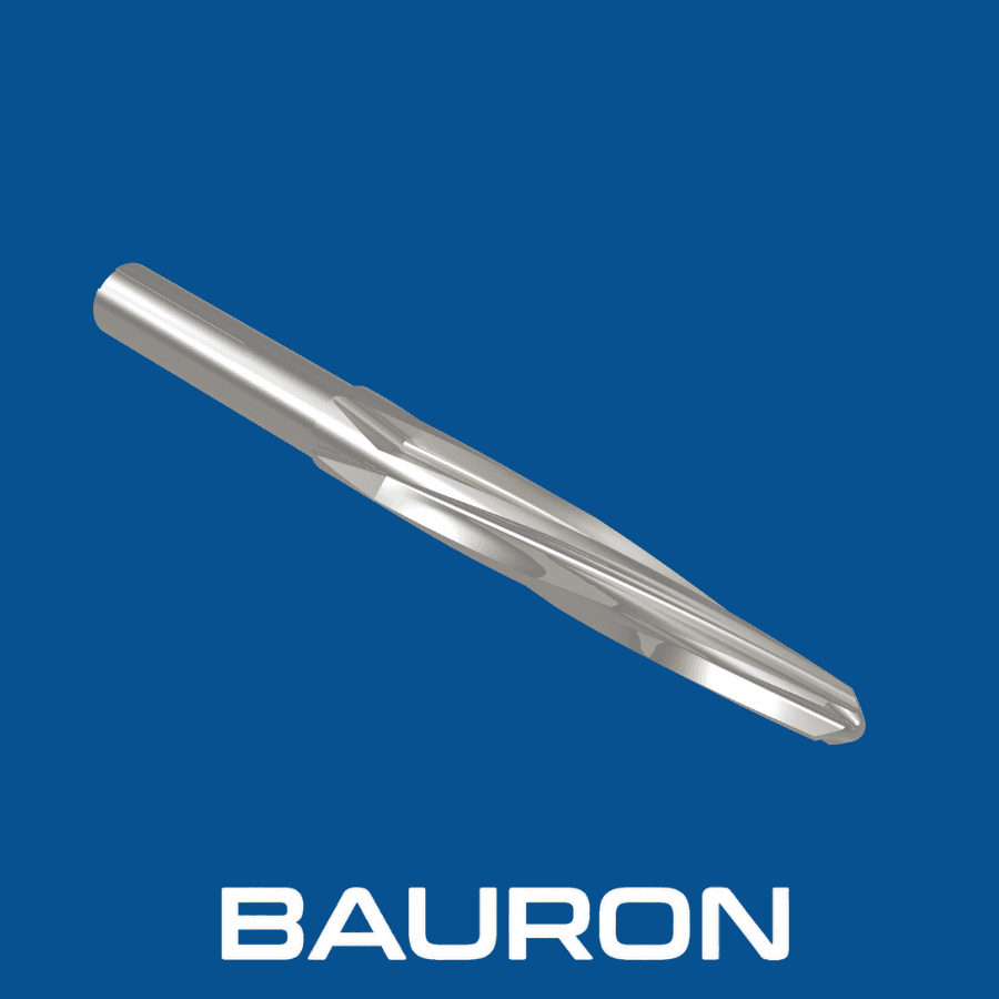 Angled rendering of a silver bridge reamer showing its tapered nose and heavy spiral cutting flutes